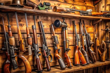 Collection of Vintage Firearms Displayed on Wooden Shelves in a Rustic Setting with Soft Lighting