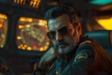 Fototapeta premium Close-up of an Iranian military officer in control room with monitors active, showcasing determination and focus during operational hours