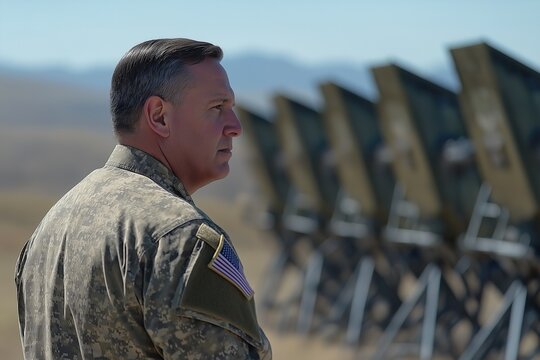 Senior military advisor inspecting missile launchers during a military exercise in a remote training area under clear skies