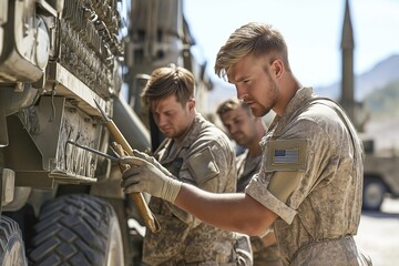 Military engineers of various ages working on vehicle maintenance in a desert landscape to ensure operational readiness during daytime
