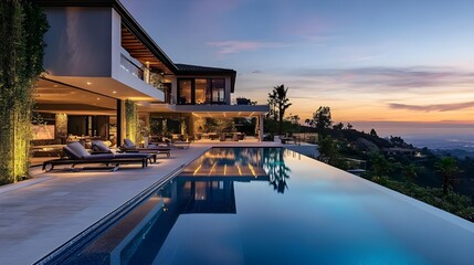 Fototapeta premium A luxury villa with a large swimming pool, modern architecture, and a sunset view, representing high-end living