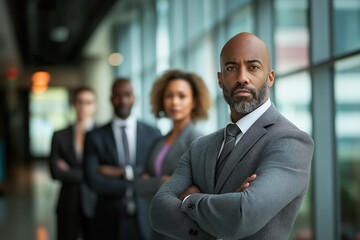 A diverse group of four business colleagues standing confidently in an office setting, showcasing teamwork and professional camaraderie during a meeting