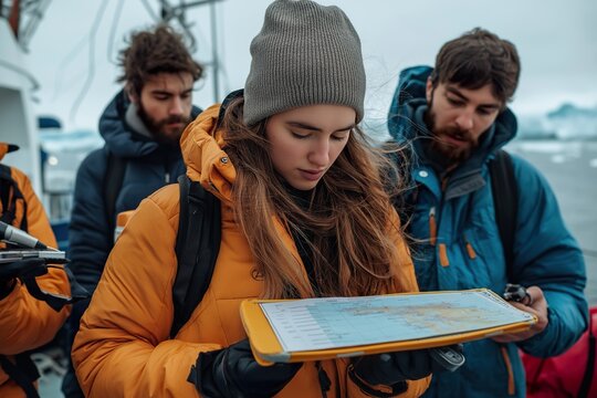 A diverse group of young climate scientists analyzes data on a research vessel in a remote polar region during their field study