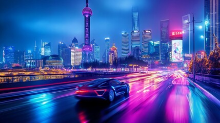 Naklejka premium A speeding car races through the neon-lit streets of Shanghai at night, its sleek lines blurring as it zips past skyscrapers and traditional Chinese architecture. 