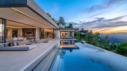 Fototapeta premium An outdoor view of a modern villa with a large swimming pool and minimalist design, set against a beautiful evening sky