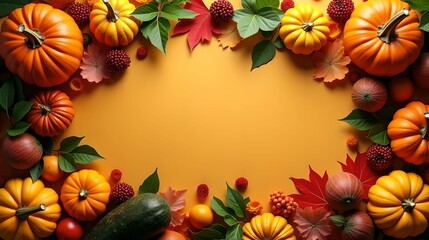 Fototapeta premium An attractive background with beautiful decorations for thanksgiving. Pumpkins and fruits are surrounded by flowers, vegetables and leaves