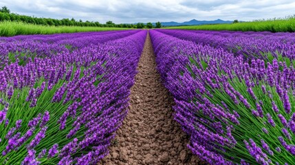 Fototapeta premium A photostock images of a field of lavender in full bloom under a bright sky