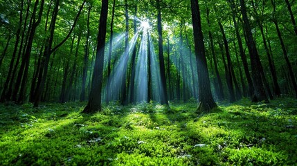 Obraz premium A photostock images of a foggy forest with sunlight breaking through the mist