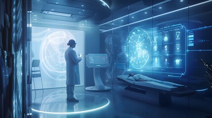 Futuristic Doctor s Office Showcasing Nanobot Based Therapies and Holographic Treatment Displays