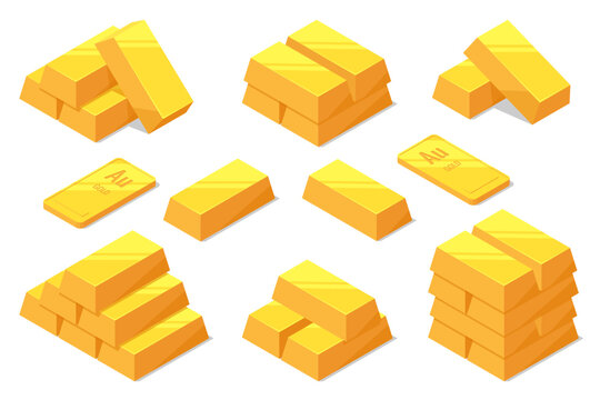 Isometric Golden bars on white background. Investing Banking business. Increase in cost of precious metals. Investments in golden securities. Buying aurum ETF