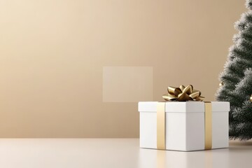 christmas tree and gift box on beige background