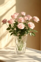 a vase of pink roses sitting on a table