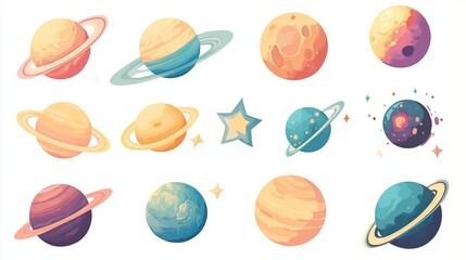 Fototapeta premium Simple, flat designs of space objects, like stars and planets.