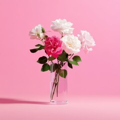 a vase with white and pink roses on a pink background