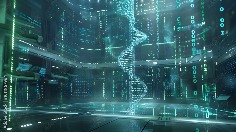 Poster futuristic lab encoding data into dna strands with holographic helix display