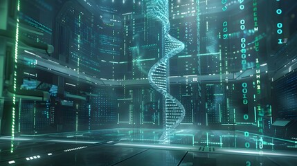 Futuristic Lab Encoding Data into DNA Strands with Holographic Helix Display