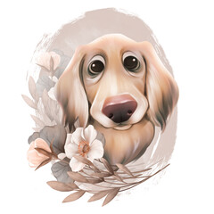 Cute dog with flowers. Hand-drawn floral animal illustration.