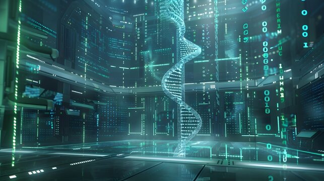 Futuristic Lab Encoding Data into DNA Strands with Holographic Helix Display - Powered by Adobe