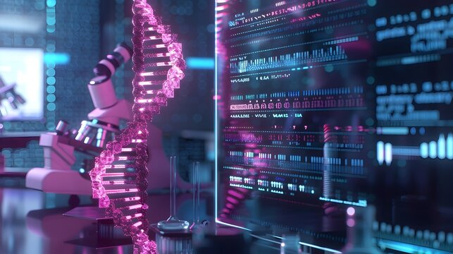 Futuristic Lab Encoding Vast Data into DNA Strand with Holographic Double Helix - Powered by Adobe