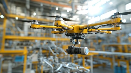 A drone monitoring the activity of advanced industrial machinery in an automated plant.