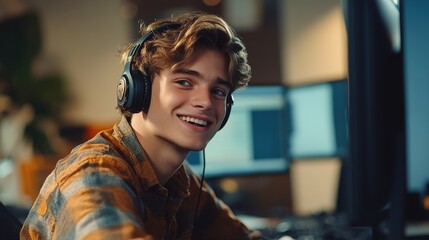 Smiling Customer Service Representative Working in Call Center Office Environment