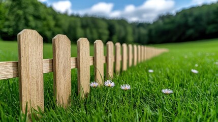 A photostock images of a peaceful meadow with a wooden fence and wildflowers