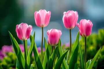 Fototapeta premium Five pink tulips stand tall against a blurry green and blue background.