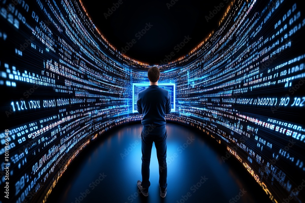 Poster A person standing in front of a high-tech computer with data streams overwhelming the screen, symbolizing the challenge of managing information overload in a digital future