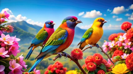 Obraz premium Colorful AI Generated Birds in a Lush Natural Environment with Bright Flowers and Clear Sky