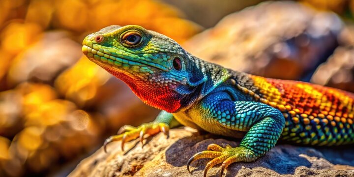 Colorful Agame Lizard Sunbathing on Rocks with Vibrant Patterns and Textures in Natural Habitat