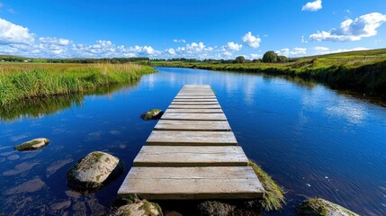 Obraz premium A photostock images of a peaceful rural scene with a wooden bridge over a river