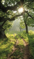 Obraz premium A sun-drenched path winds through a lush green forest, sunlight filtering through the trees.