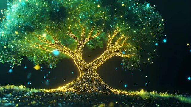 Luminous tree glowing in mystical forest with