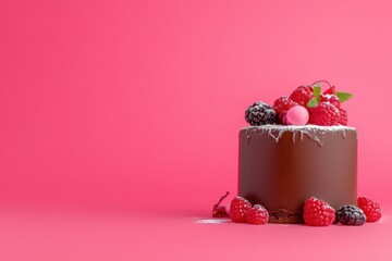 chocolate cake with berries on pink background