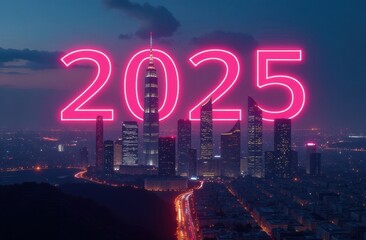 Bold «2025» in neon lights above a modern city skyline at dusk, representing progress and urban growth.