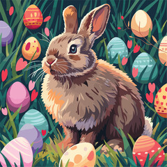 Rabbit Sitting in a Field of Colorful Eggs