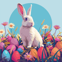 Rabbit Sitting in a Field of Colorful Eggs