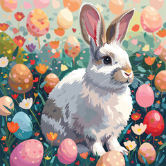 Rabbit Sitting in a Field of Colorful Eggs