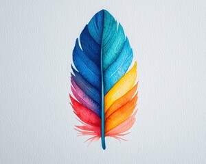 A vibrant feather illustration featuring a gradient of blue, orange, and pink colors against a light background.