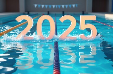 "2025» formed from swimming lanes in an Olympic-style pool, with swimmers racing towards the finish line 