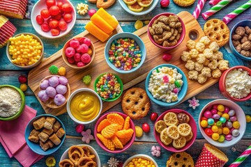 Fototapeta premium Colorful and Delicious Sleepover Snacks Spread on a Table with Treats for a Fun Gathering Night