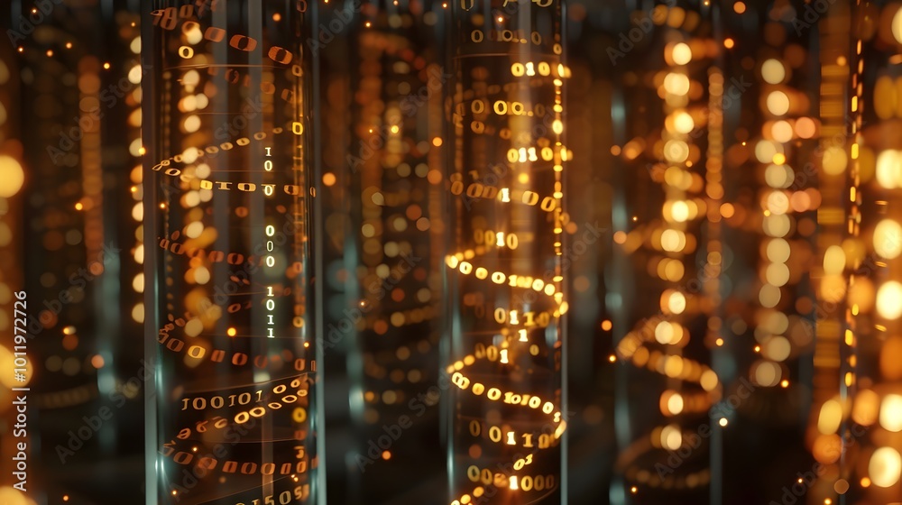Poster digital dna archive concept with binary code scrolling across glass tubes