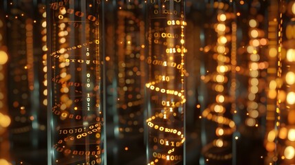 Digital DNA Archive Concept with Binary Code Scrolling Across Glass Tubes