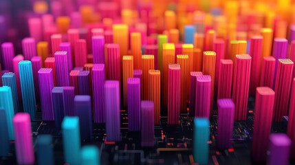 Fototapeta premium A vibrant, colorful abstract representation of data visualizations, featuring vertical bars in neon hues on a dark background.