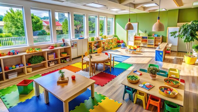 Colorful and Engaging Daycare Environment with Toys, Learning Materials, and Play Areas for Children