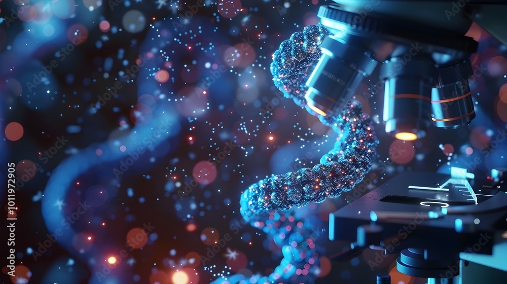 Poster high tech microscope zooming in on dna storing digital data within genetic structure