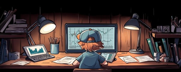 A focused child studies blueprints on a desk, surrounded by drawings and tools, illuminated by warm desk lamps in a cozy, wooden setting.