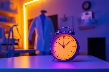 table clock in purple and orange colors on table in medical cabinet. doctor on the background. neon lights. night cozy atmosphere. advertising photography