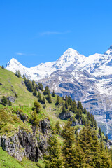 Obraz premium The Swiss Alps at Murren, Switzerland. Jungfrau Region. The valley of Lauterbrunnen from Interlaken.