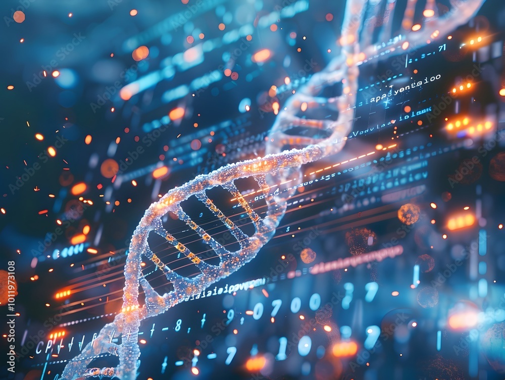 Poster digital data uploaded into dna molecule with progress indicators in high tech laboratory environment